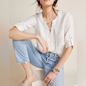 Anthropologie Maeve Marva Lace-Up Linen Blouse White Size 6 Maeve Linen Shirt